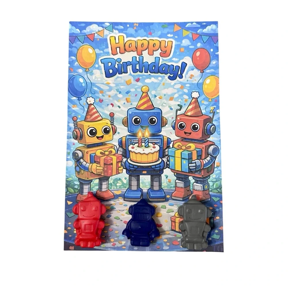 Handmade Robot Themed Crayon Birthday Card NEW